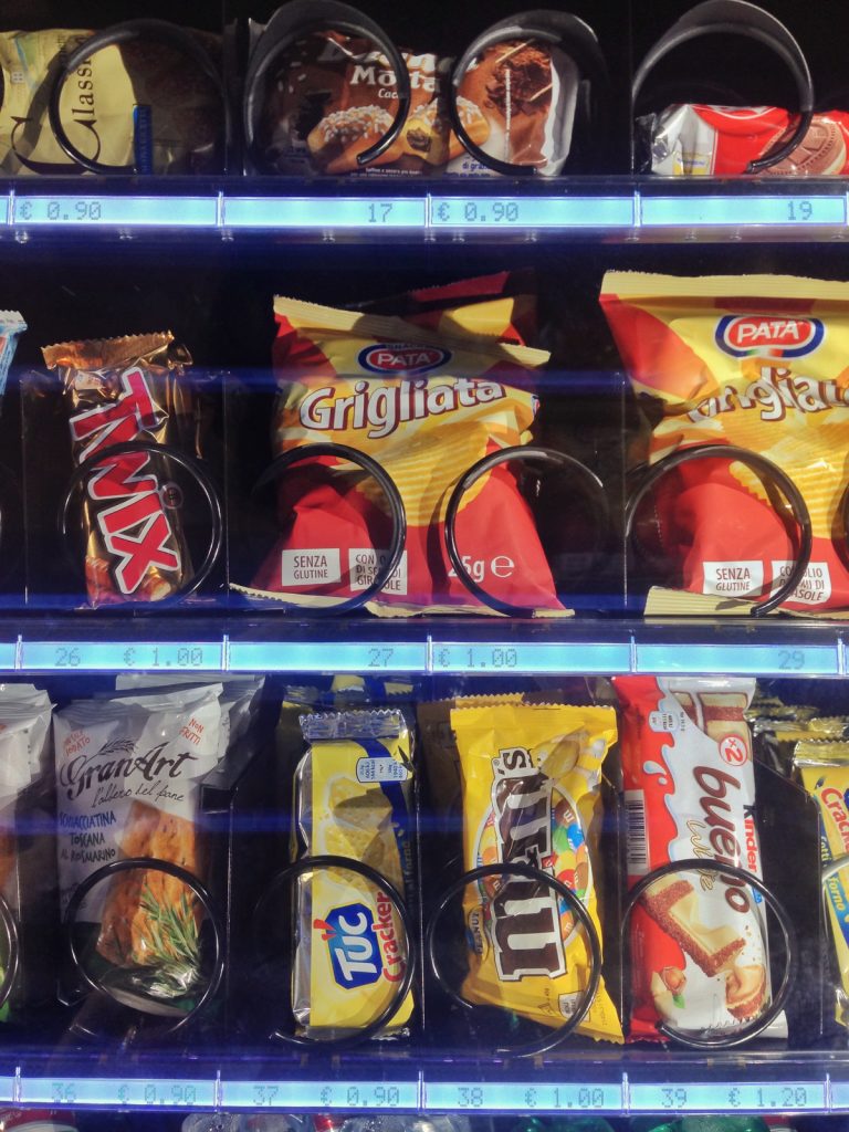 Packaged junk food in vending machine