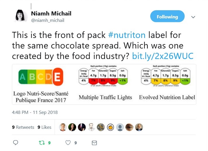 Front-of-pack nutrition label for chocolate spread (source: twitter account niamh_michail).