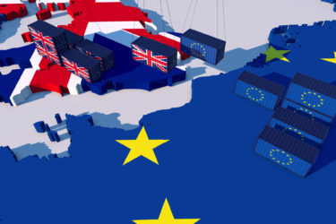 A map of the UK and Nothwestern Europe. Containers bearing British and EU flags float above the map, showcasing trade between the two partners.