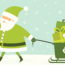 A Santa dressed in green carrying a sleigh of recycled gifts