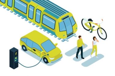 Graphic that shows a bird's eye view of pedestrians, a bicycle, an electric car, and a metro carriage.
