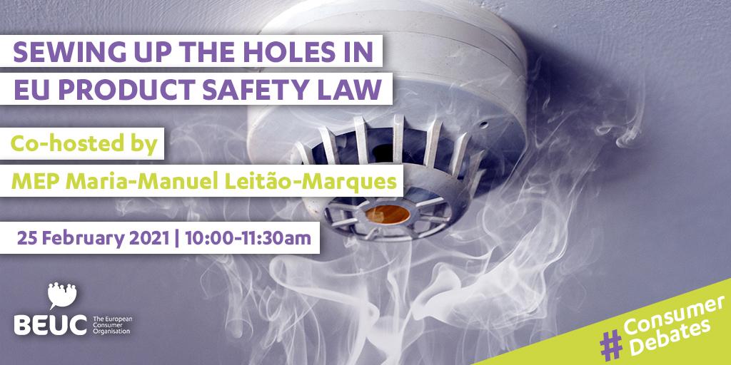Image of an invitation to a BEUC online event. It shows a smoke detector and smoke. The event is titled titled "Sewing up the holes in EU product safety law".