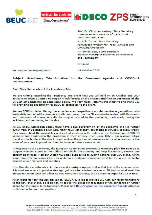 First page of letter by consumer groups to Council of the EU Presidency trio on the topic of the EU Consumer Agenda and COVID recovery