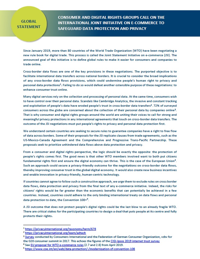 First page of statement by consumer and digital right groups on safeguarding data protection and privacy in WTO trade talks