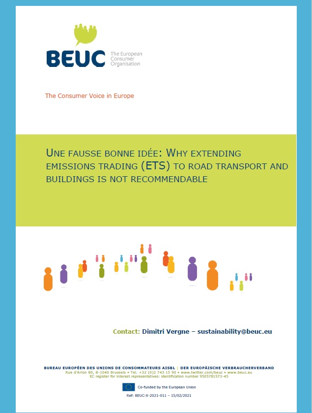 Picture of the cover of a BEUC paper entitled: "Why extending emissions trading (ETS) to road transport and buildings is not recommendable"