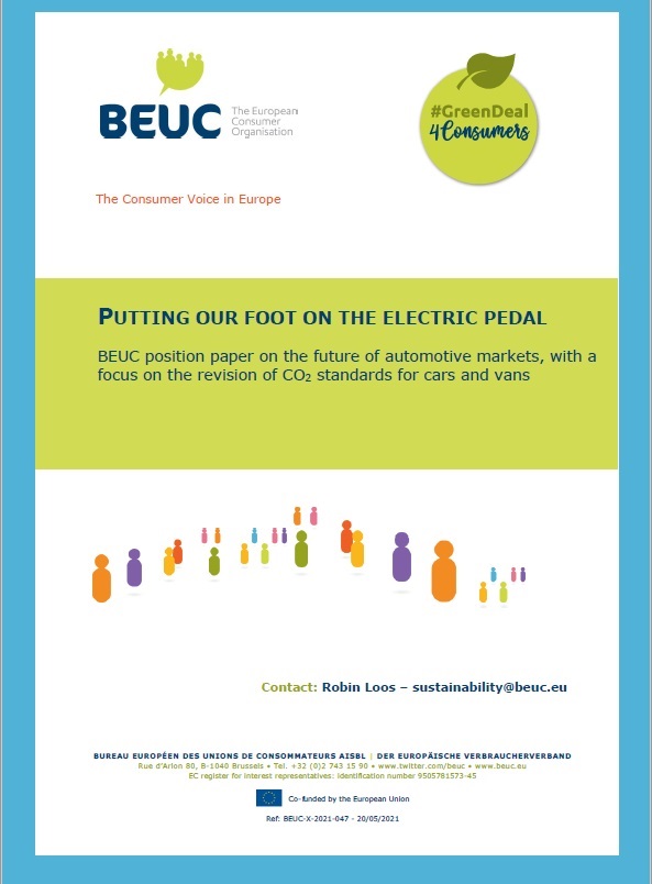Cover picture of new BEUC position paper. It shows the paper's title which reads "Putting our foot on the electric pedal - BEUC position paper on the future of automotive markets, with a focus on the revision of CO2 standards for cars and vans"