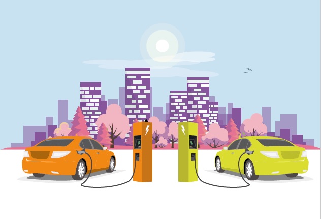 An image showing two electric cars docked at charging stations, with skyscrapers in the background.
