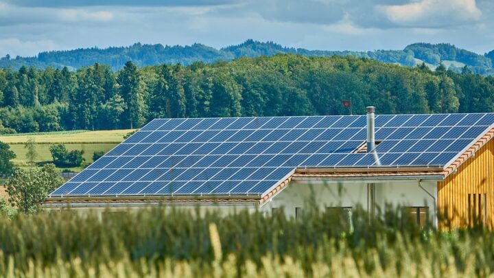 Solar panels on countryside house