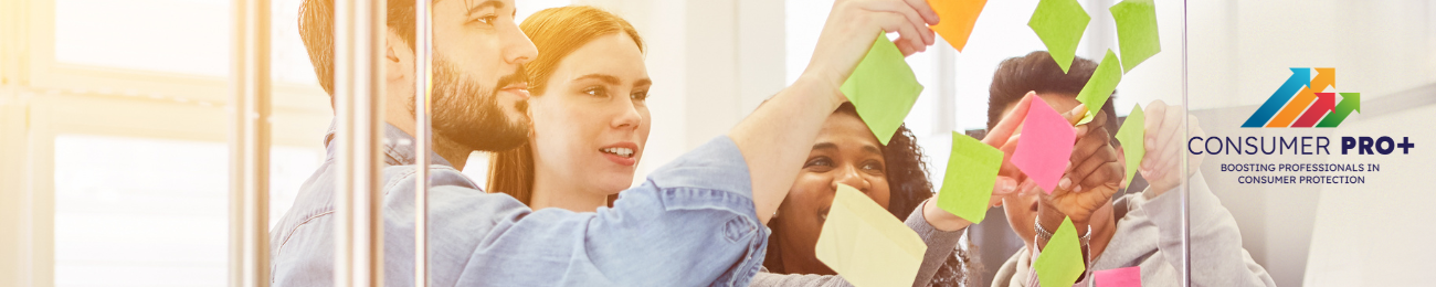 Consumer Pro+: People putting coloured post-it on transparent wall.