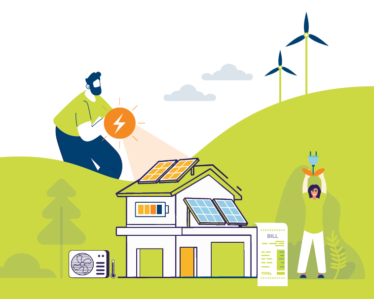 sustainable house, surrounded by green hills with windmills, heat pumps and solar panels