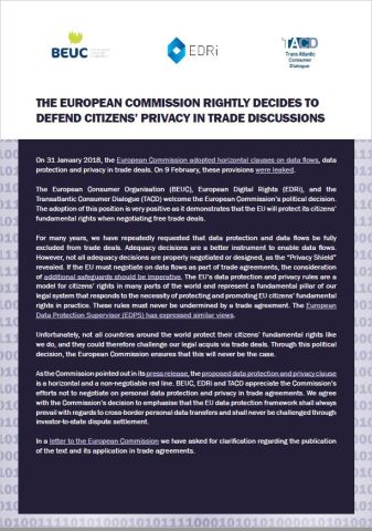Picture of the cover of a publication by BEUC, European Digital Rights (EDRi), and the Transatlantic Consumer Dialogue (TACD) titled "The European Commission rightly decides to defend citizens' privacy in trade discussions".