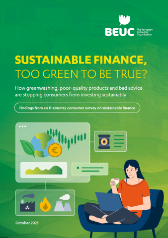 Green cover with a woman sitting on a couch and examining green finance on laptop.
