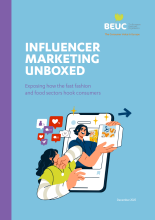 Blue cover with a drawing illustrating an influencer on a mobile phone showing a box of clothes