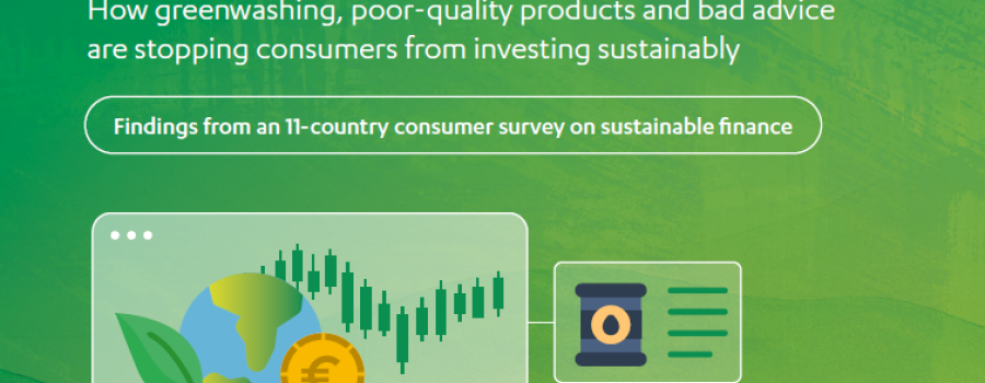 Green cover with a woman sitting on a couch and examining green finance on laptop.
