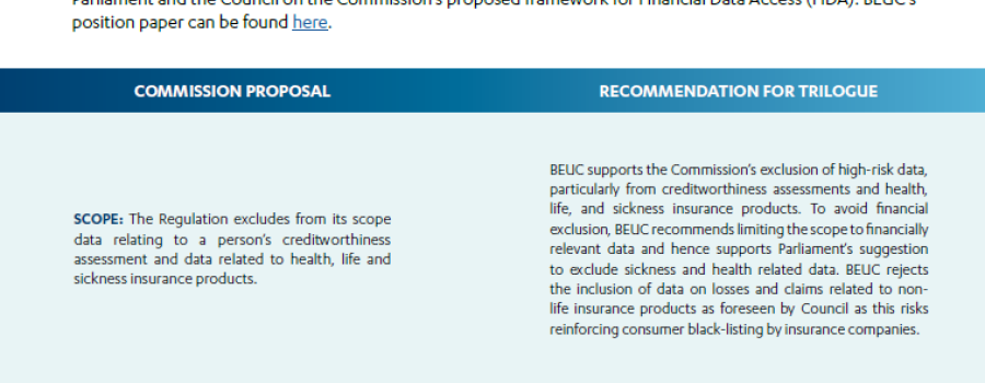 This two-pager summarises BEUC’s main recommendations for trilogue negotiations between the European Parliament and the Council on the Commission’s proposed framework for Financial Data Access (FiDA).