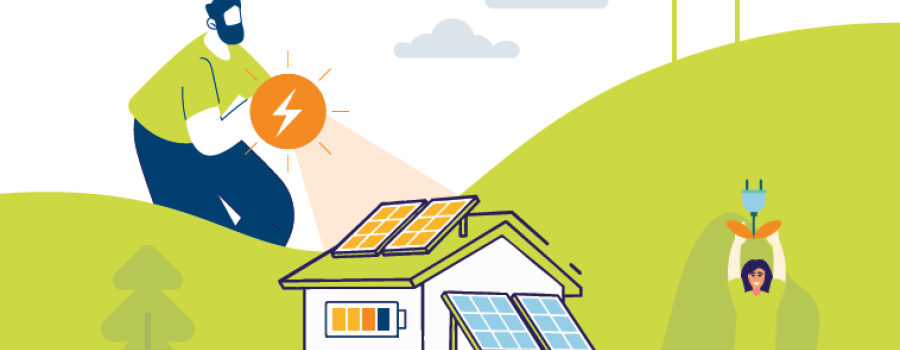 sustainable house, surrounded by green hills with windmills, heat pumps and solar panels