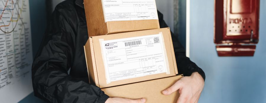 A man holding three small parcels stacked on top of each other