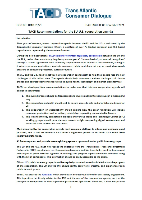 First page of a document by the Transatlantic Consumer Dialogue titled: "TACD Recommendations for the EU-U.S. cooperation agenda"