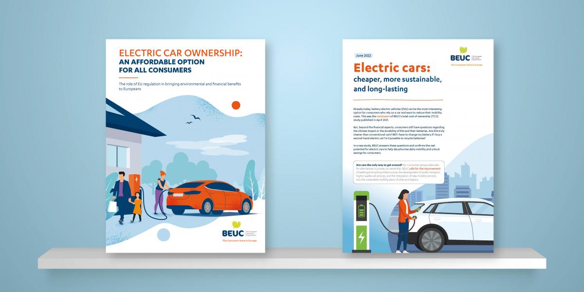 Picture showing the covers of two BEUC publications: The left one is about the cost of electric driving, the right one about the durability and sustainability of electric cars.